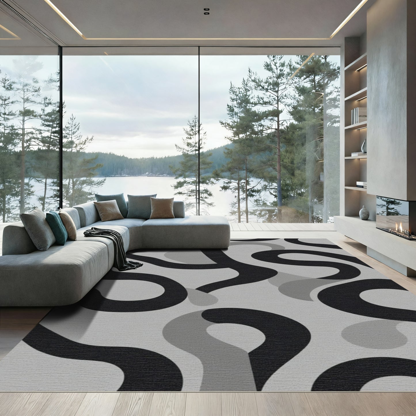 Bold Black Gray Abstract Swirl Rug