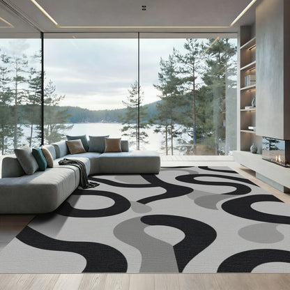 Bold Black Gray Abstract Swirl Rug