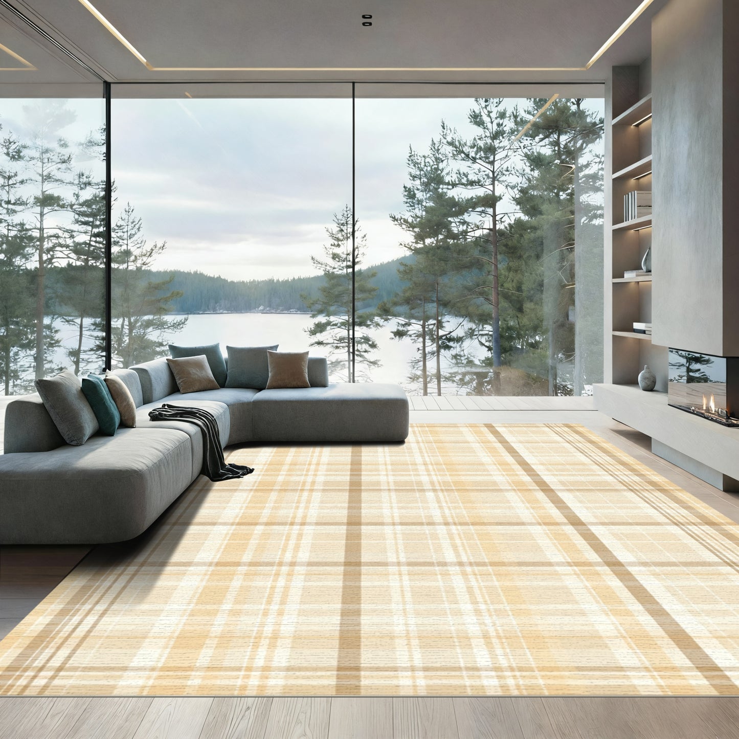 Cream Tan Warm Plaid Lines Rug