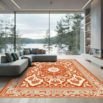 Rustic Orange Floral Medallion Border Rug