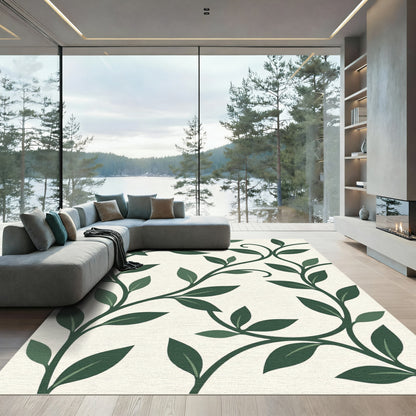 Green Botanical Vine Leaf Illustration Rug