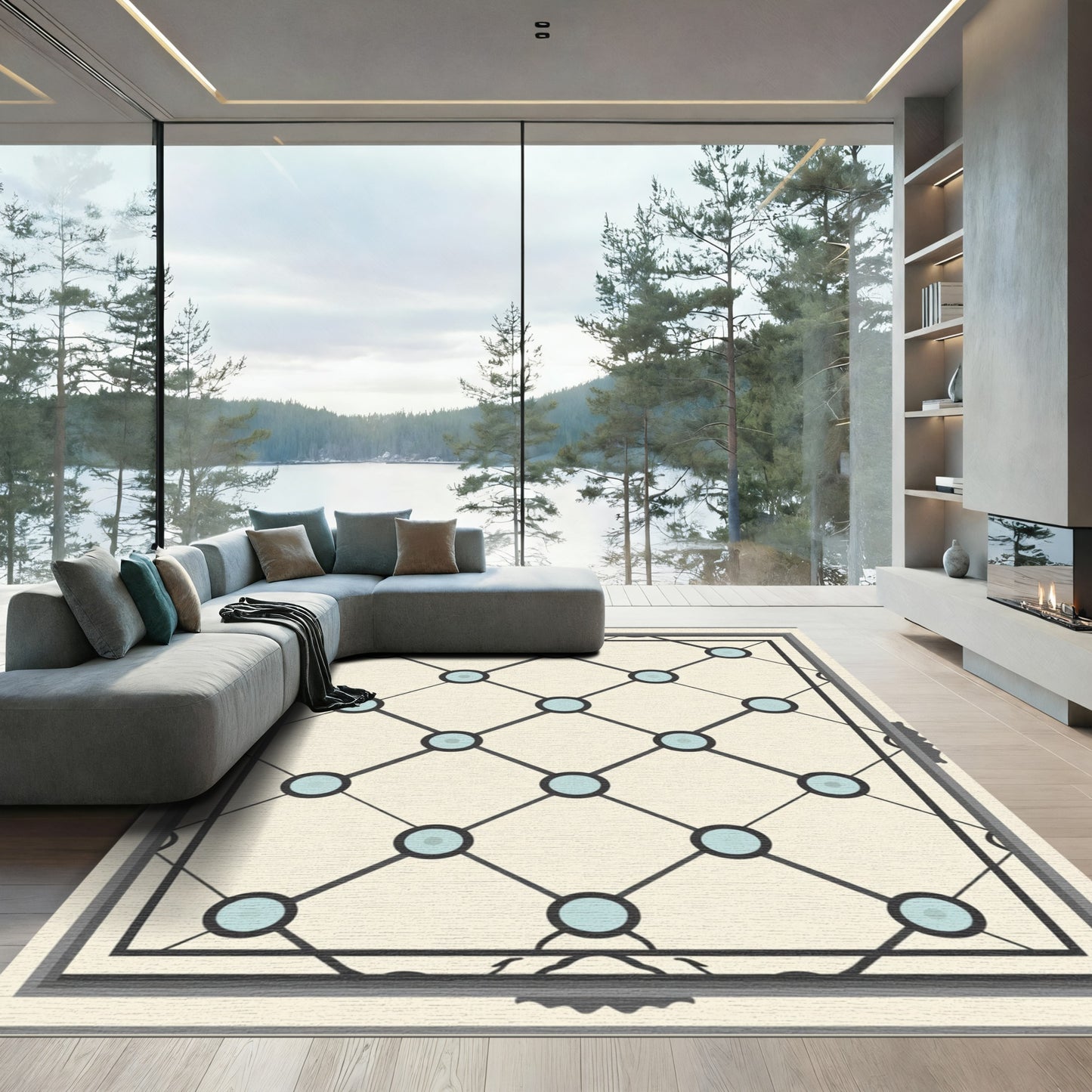 Cream Lattice Teal Dot Charm Rug