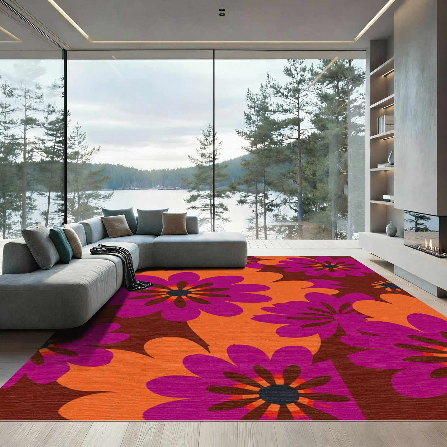 Retro Floral Bloom Magenta Orange Rug