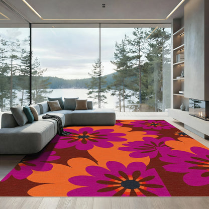 Retro Floral Bloom Magenta Orange Rug