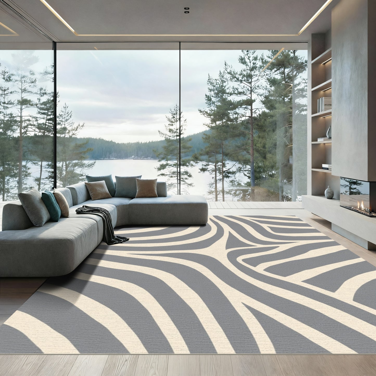 Gray And Cream Abstract Wave Rug