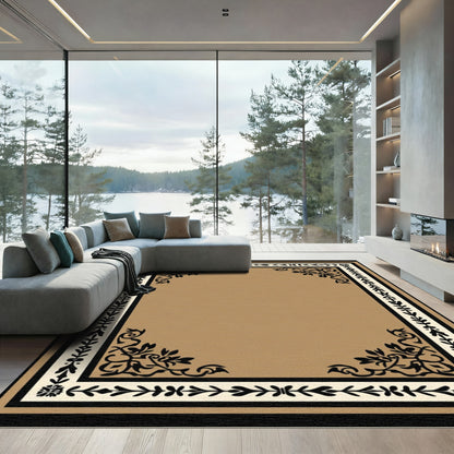 Brown Cream Black Ornate Floral Border Rug