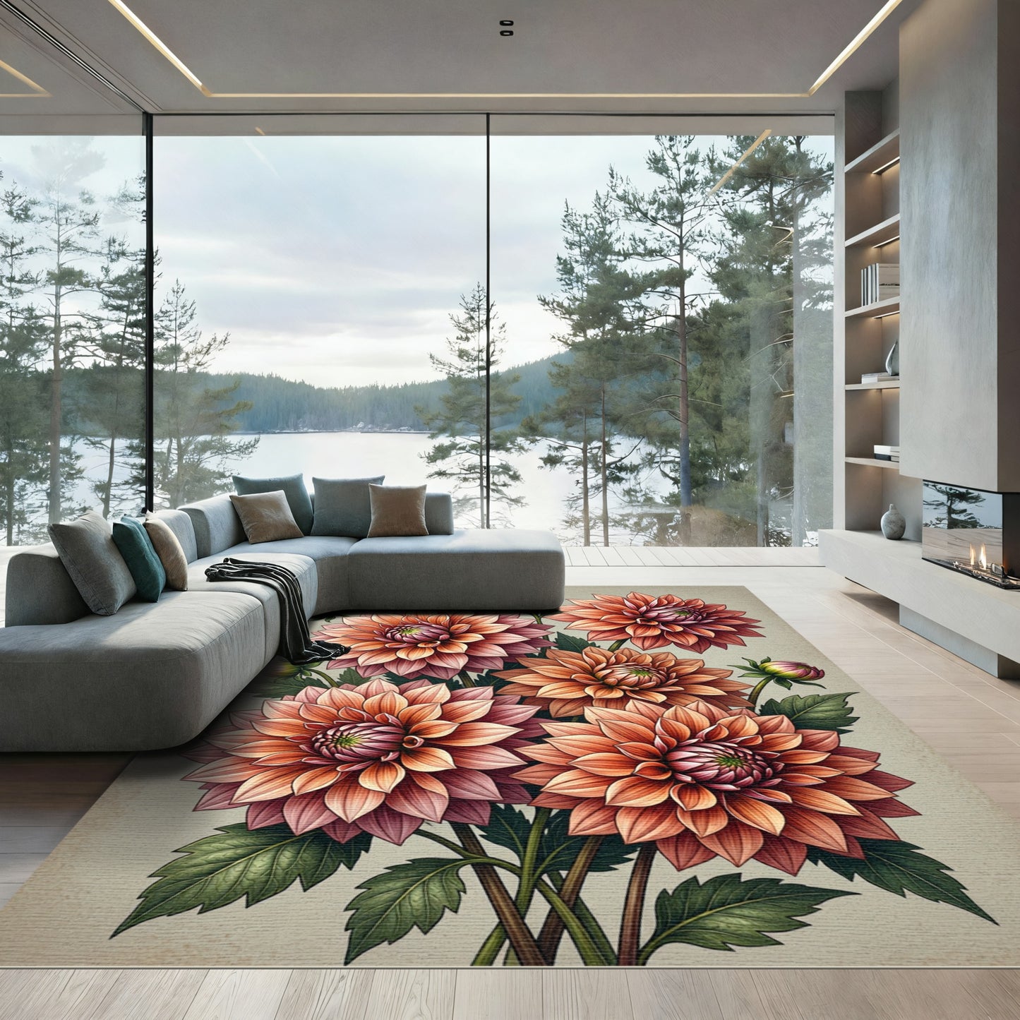 Golden Peach Dahlia Floral Bouquet Rug