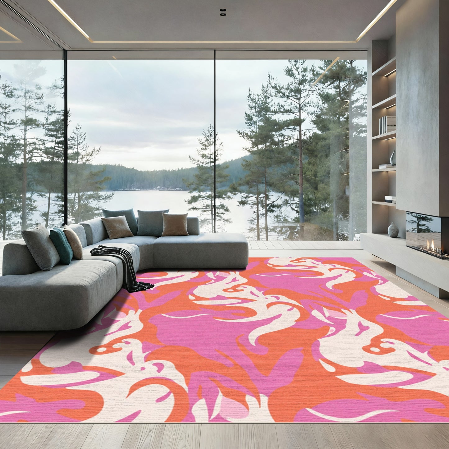 Pink Orange Cream Abstract Swirls Rug