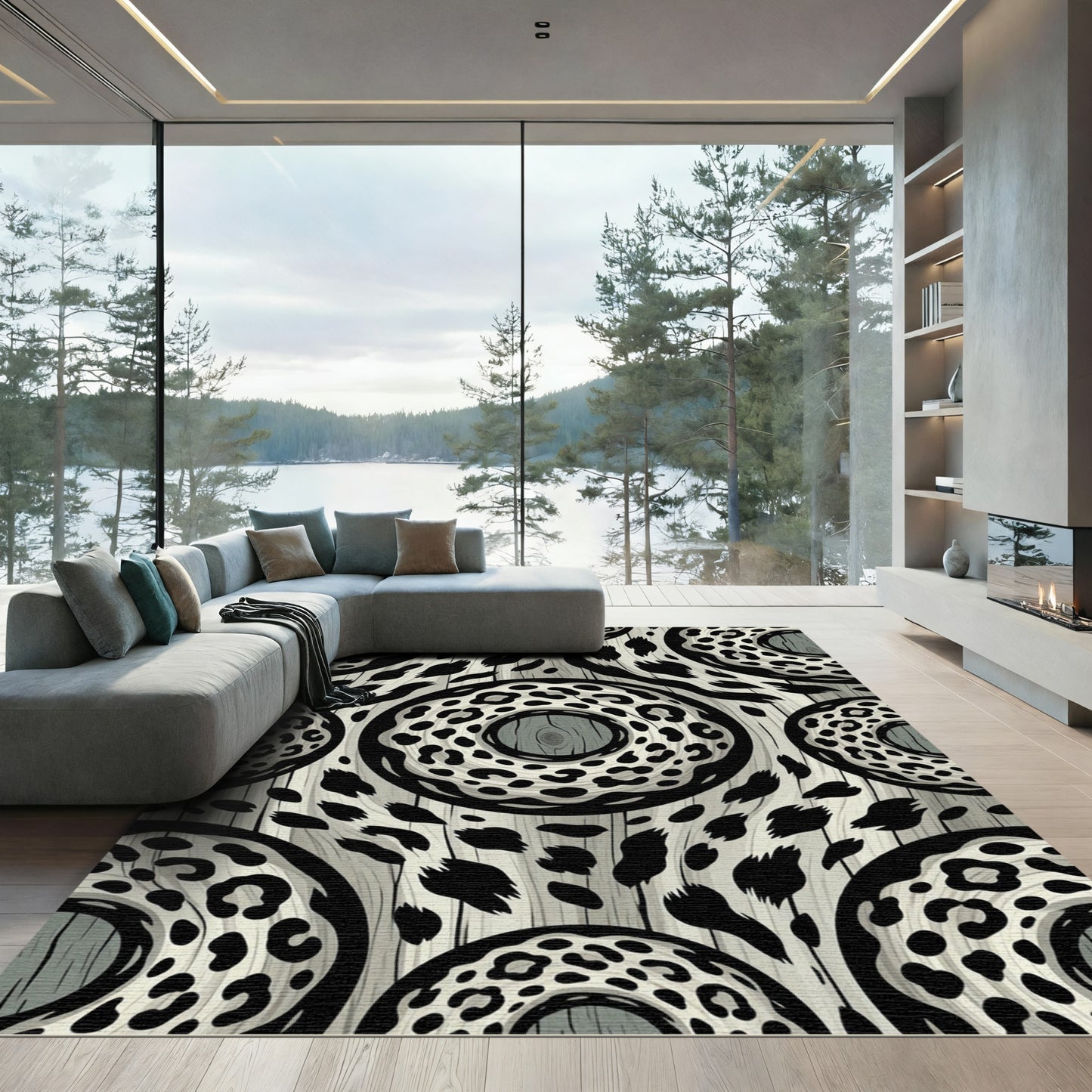 Monochromatic Leopard Rings Wood Grain Rug