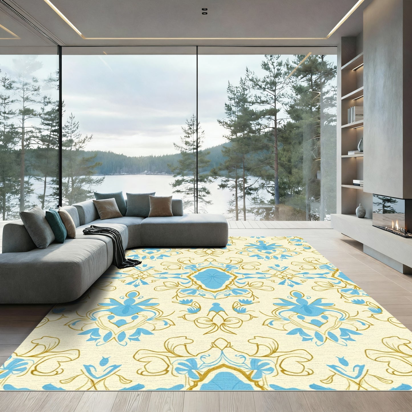Pale Cream Blue Floral Damask Accent Rug
