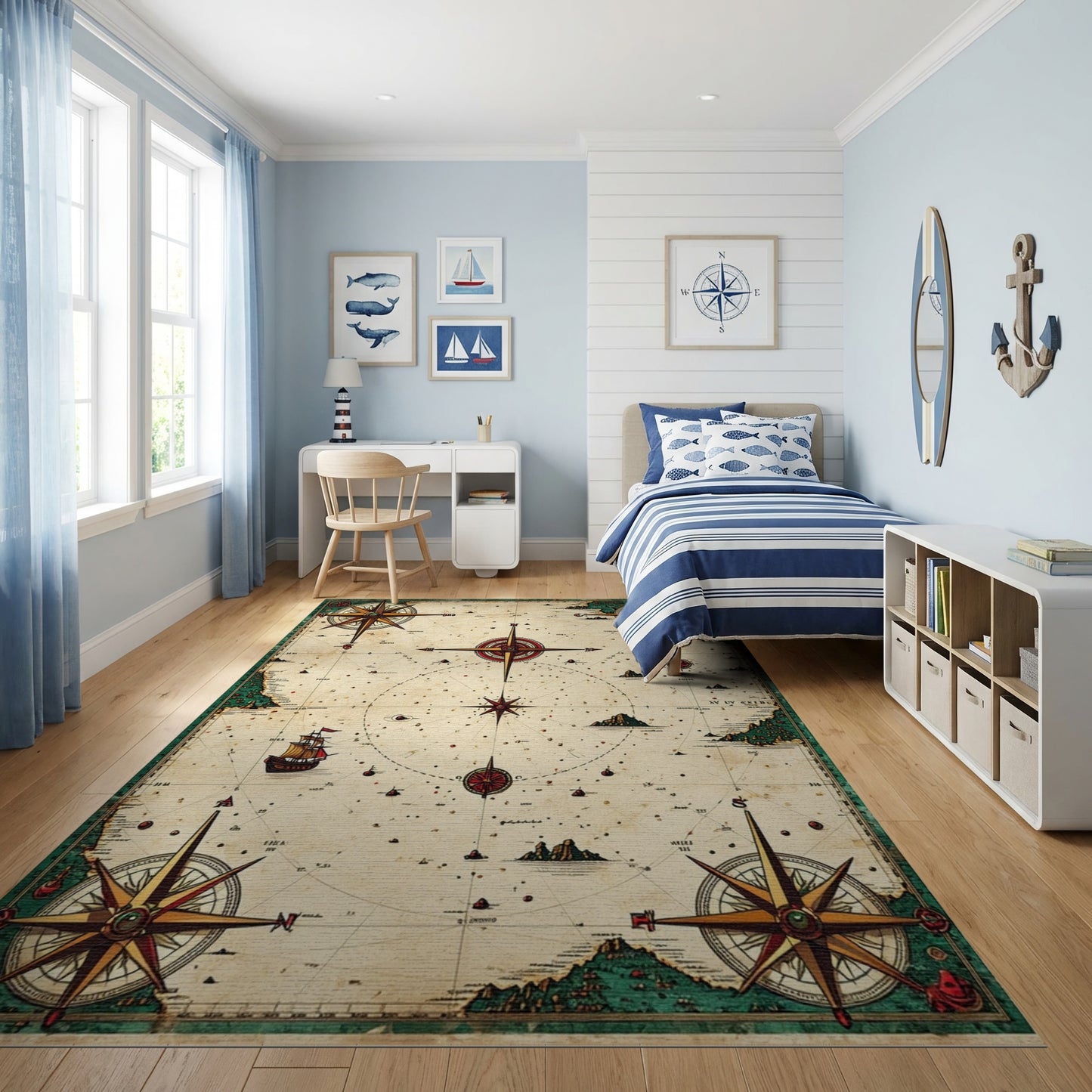 Vintage Nautical Compass Map Rug