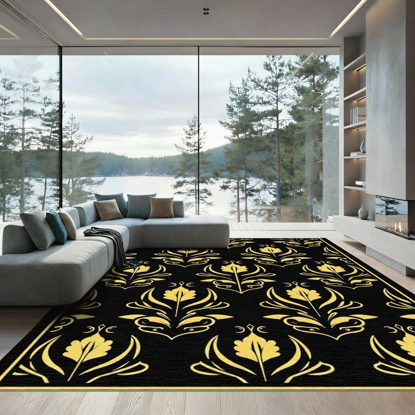 Gold Black Damask Floral Emblem Rug