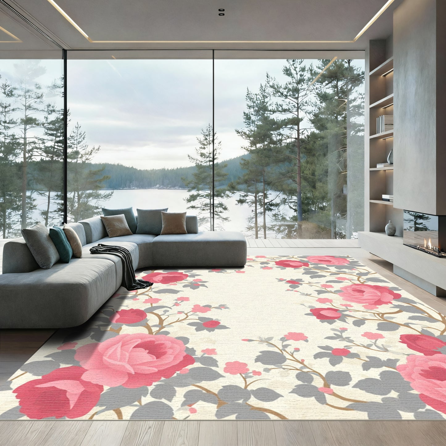 Pink Rose Vine Garden Rug