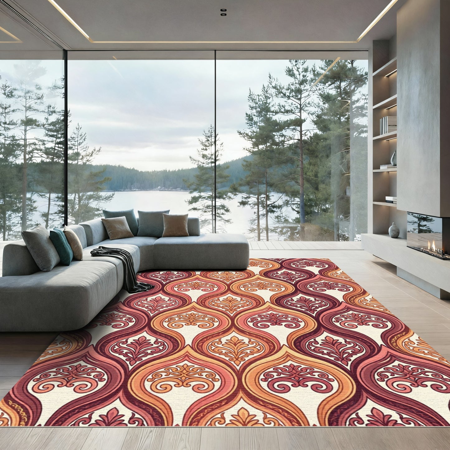 Earthy Sienna Damask Scroll Wave Rug