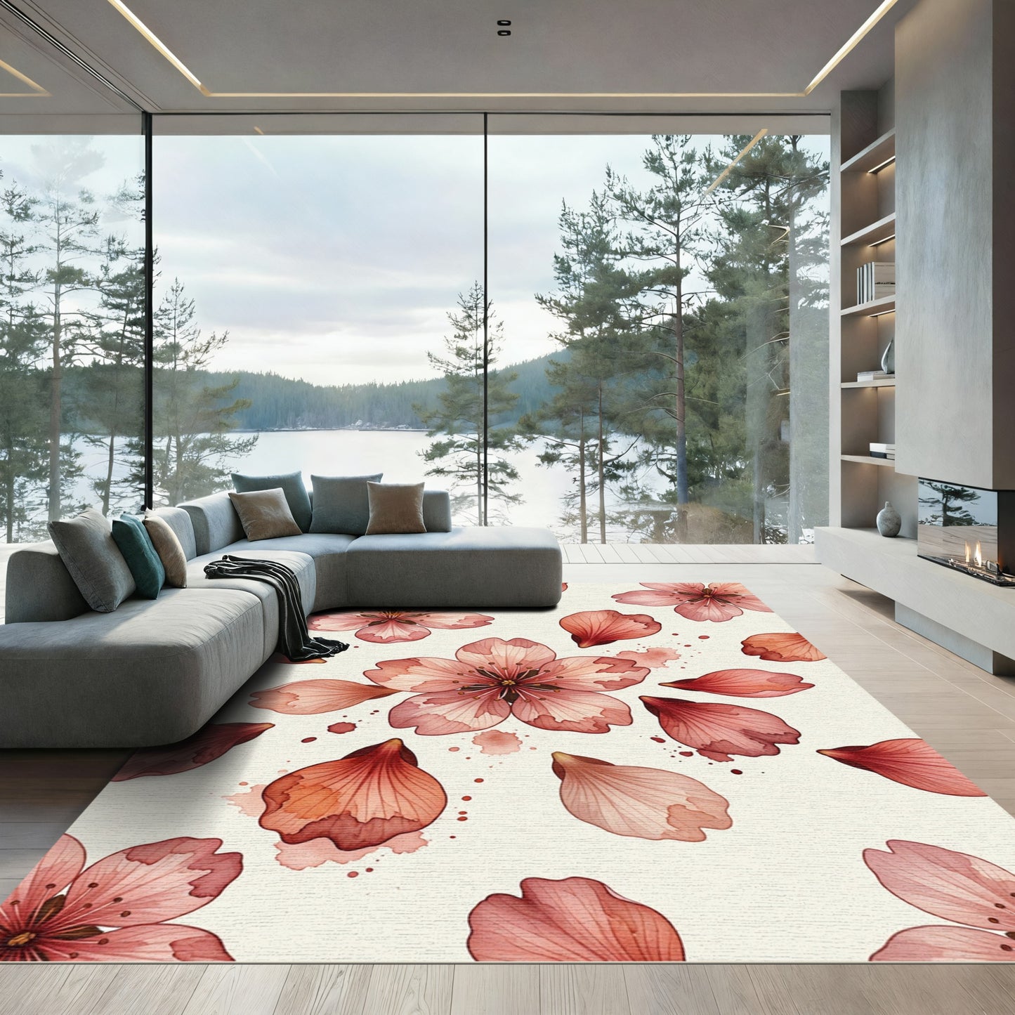 Watercolor Blush Cherry Blossom Scattered Petals Rug