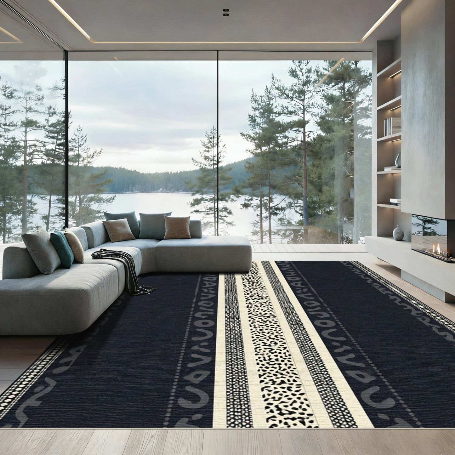 Dark Navy Ochre Abstract Stripe Rug