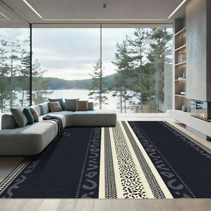 Dark Navy Ochre Abstract Stripe Rug