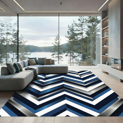 Modern Blue White Chevron Layered Rug