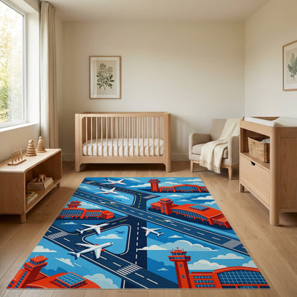 Modern Isometric Airport Planes Runways Rug