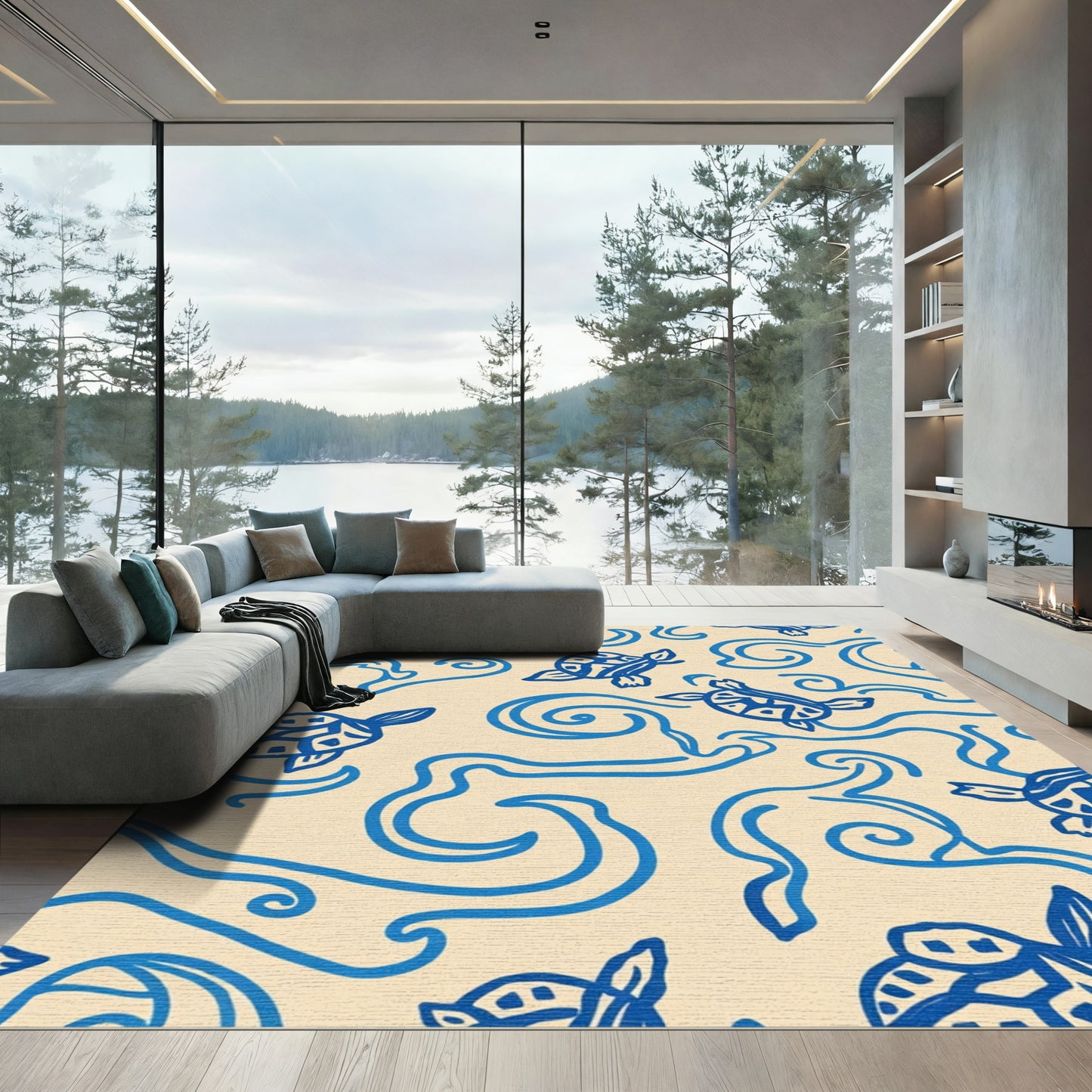 Blue Turtle Swirls Cream Rug