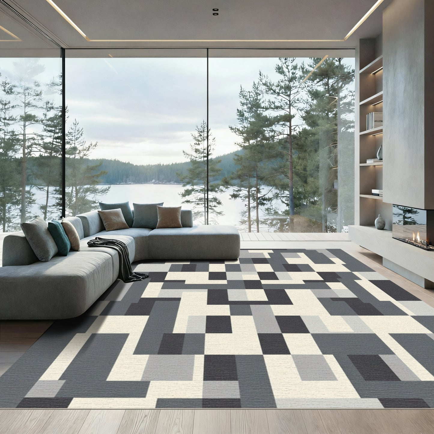 Cool Neutral Palette Geometric Block Rug