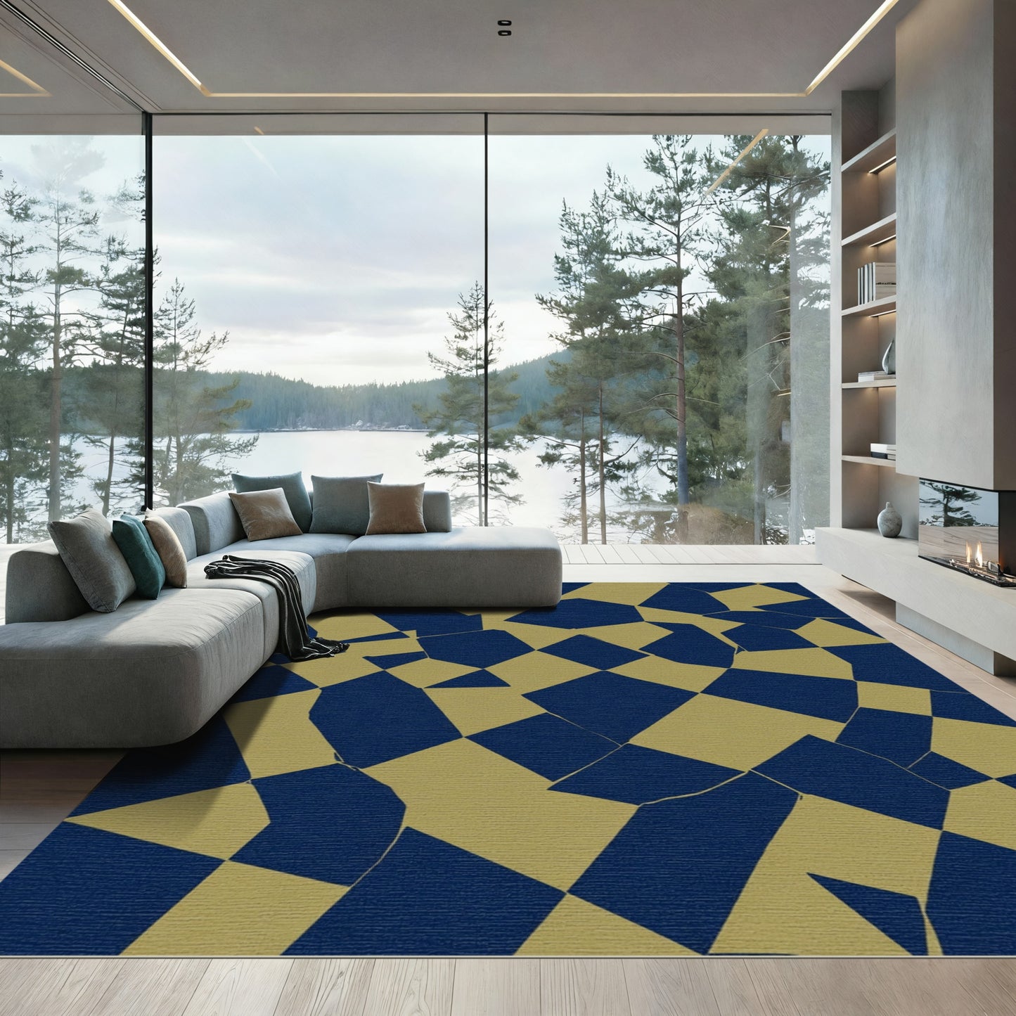Distorted Navy and Gold Checkered Mosaic Rug