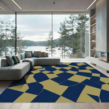 Distorted Navy and Gold Checkered Mosaic Rug
