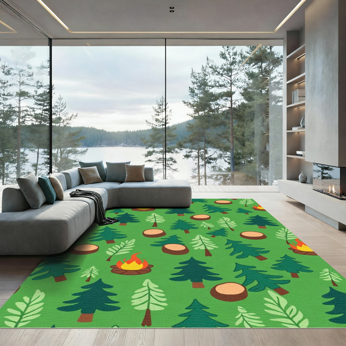 Campfire Forest Tree Woodland Scene Rug