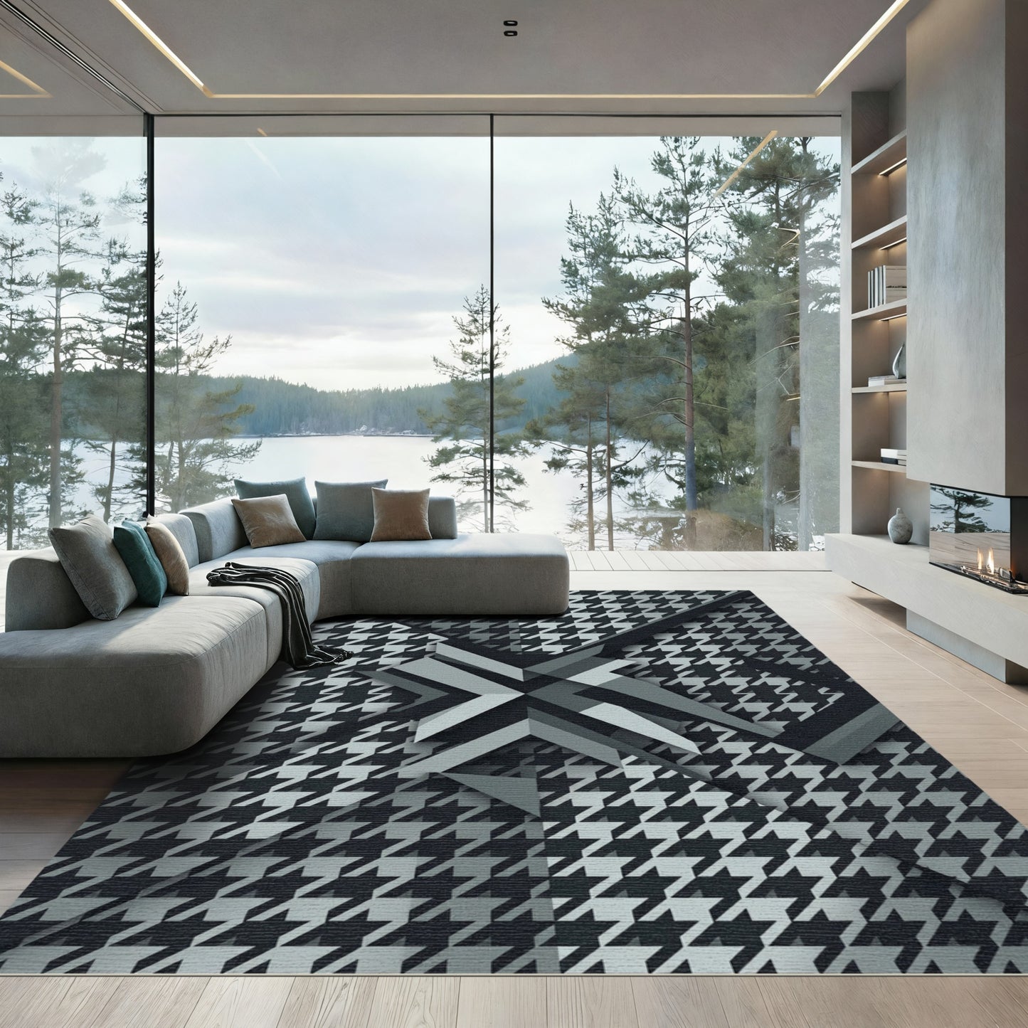 Monochrome Houndstooth Geometric Star Rug