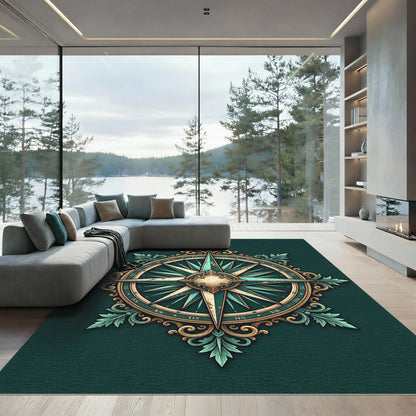 Ornate Teal and Gold Compass Medallion Rug