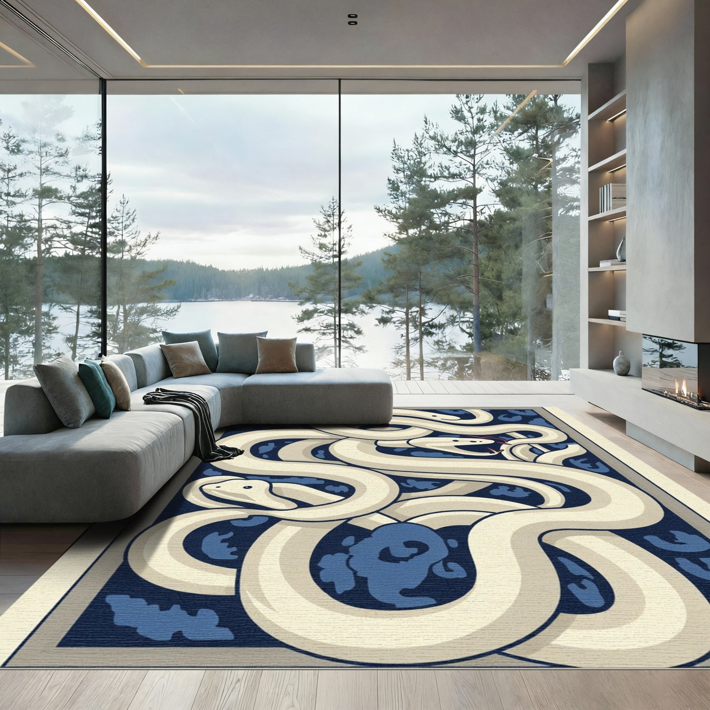 Intertwined Cream Snakes Blue Cloud Rug