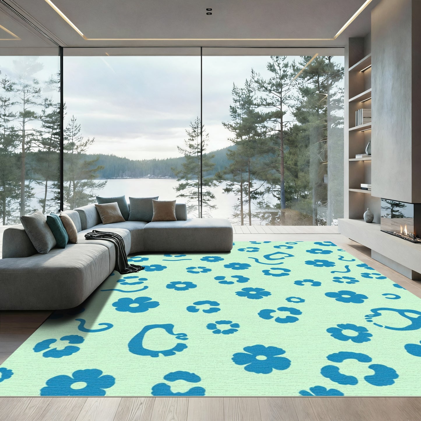 Aqua Blue Scattered Floral Charm Rug