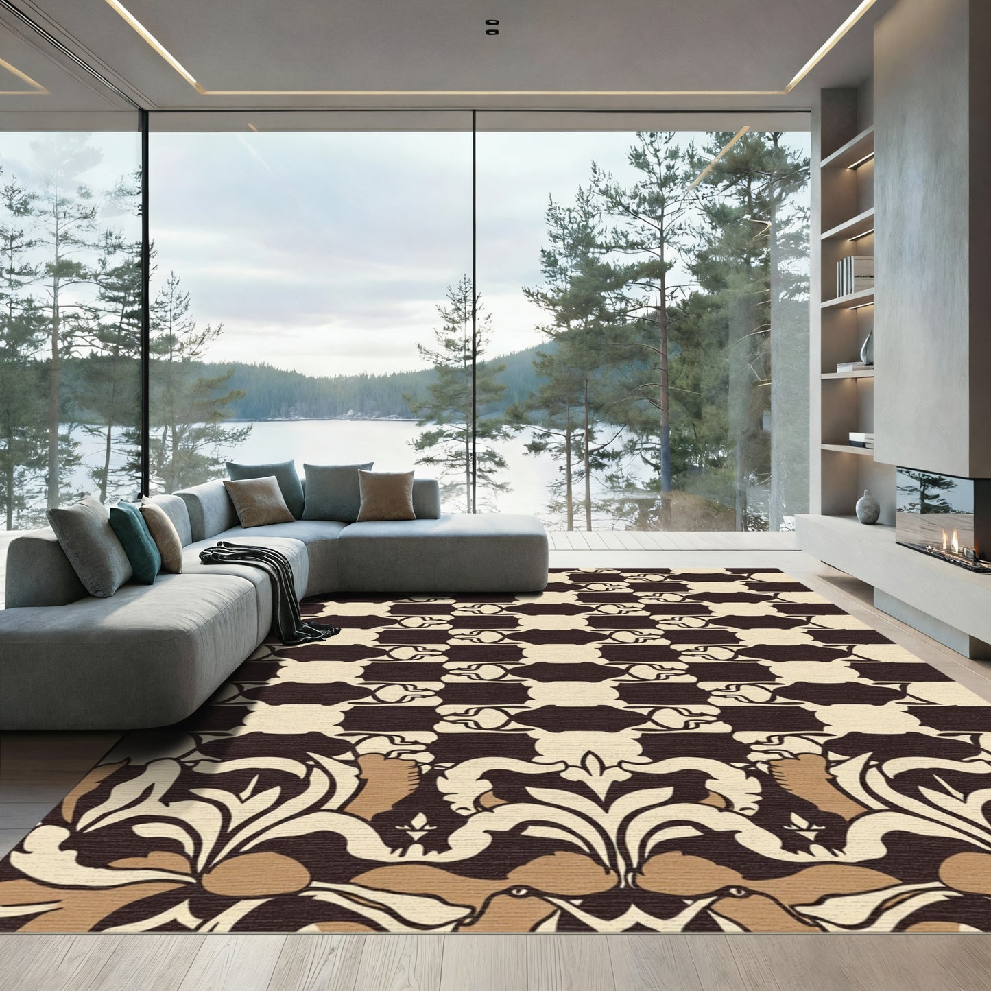 Black Beige Repeating Abstract Floral Rug