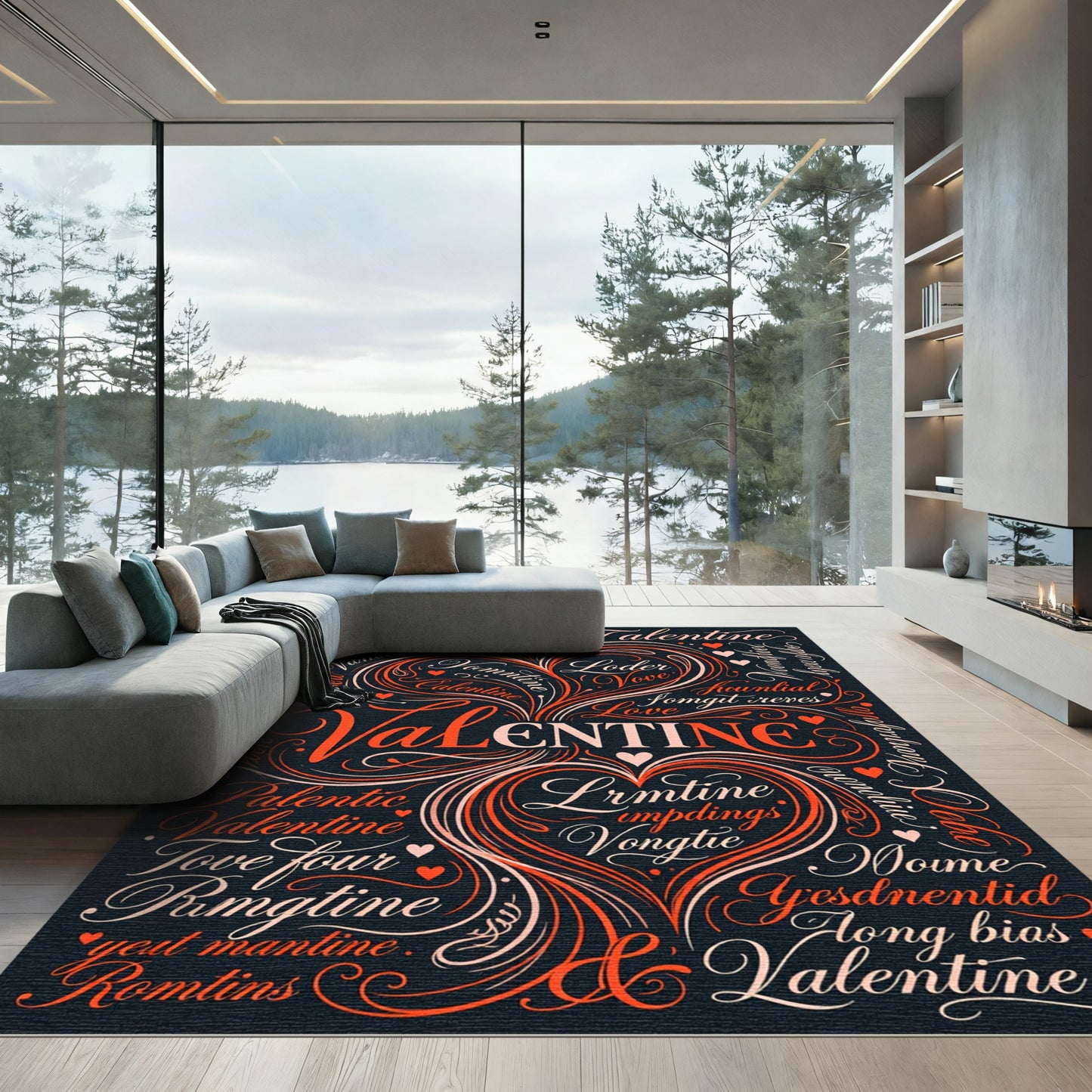 Amorous Valentine Script Hearts Swirl Rug
