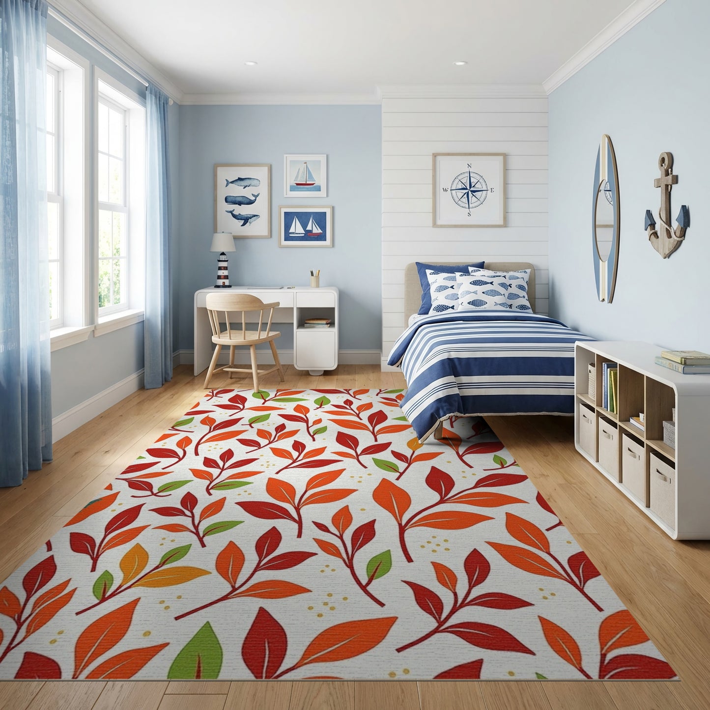 Vibrant Red Orange Green Leaves Rug