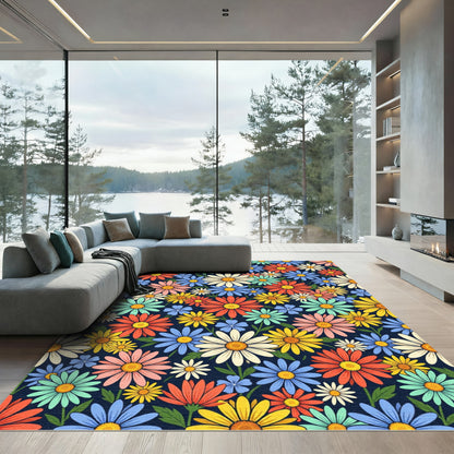 Vibrant Multicolor Daisy Meadow Illustration Rug