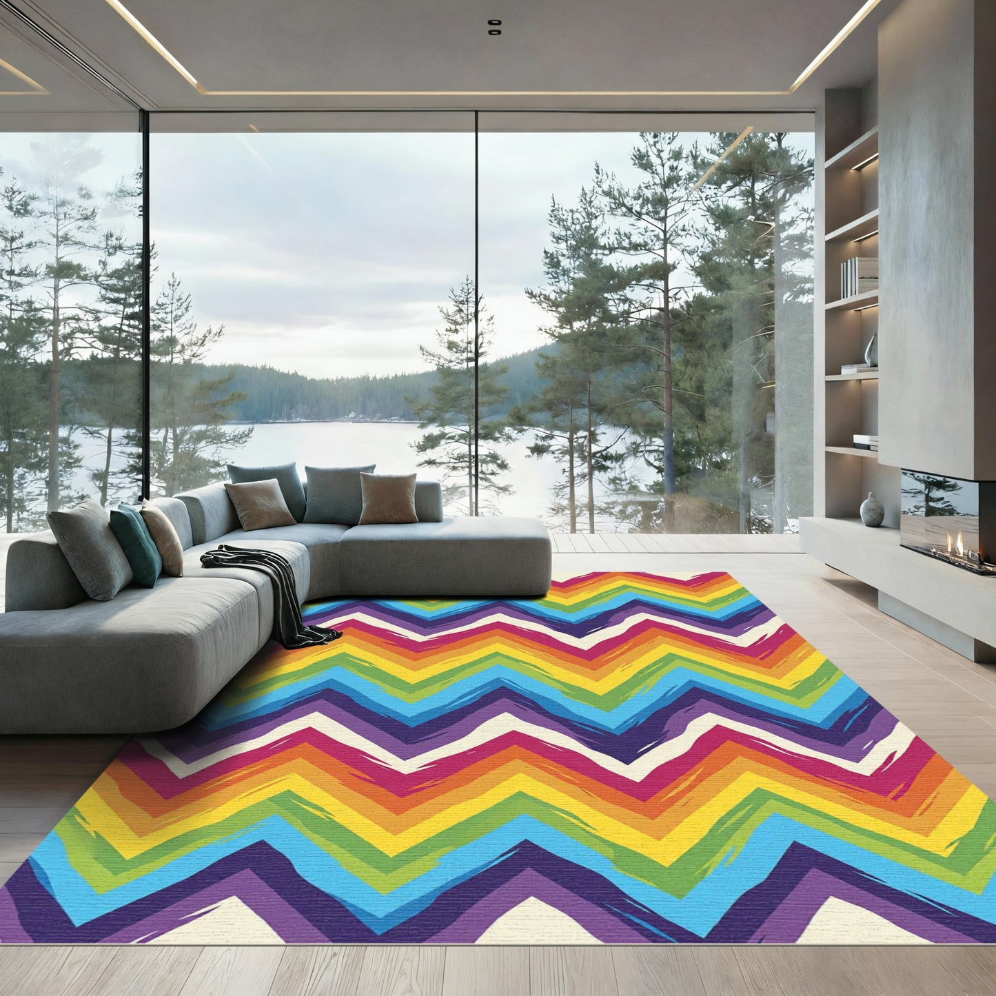 Rainbow Chevron Brushstroke Zigzag Rug
