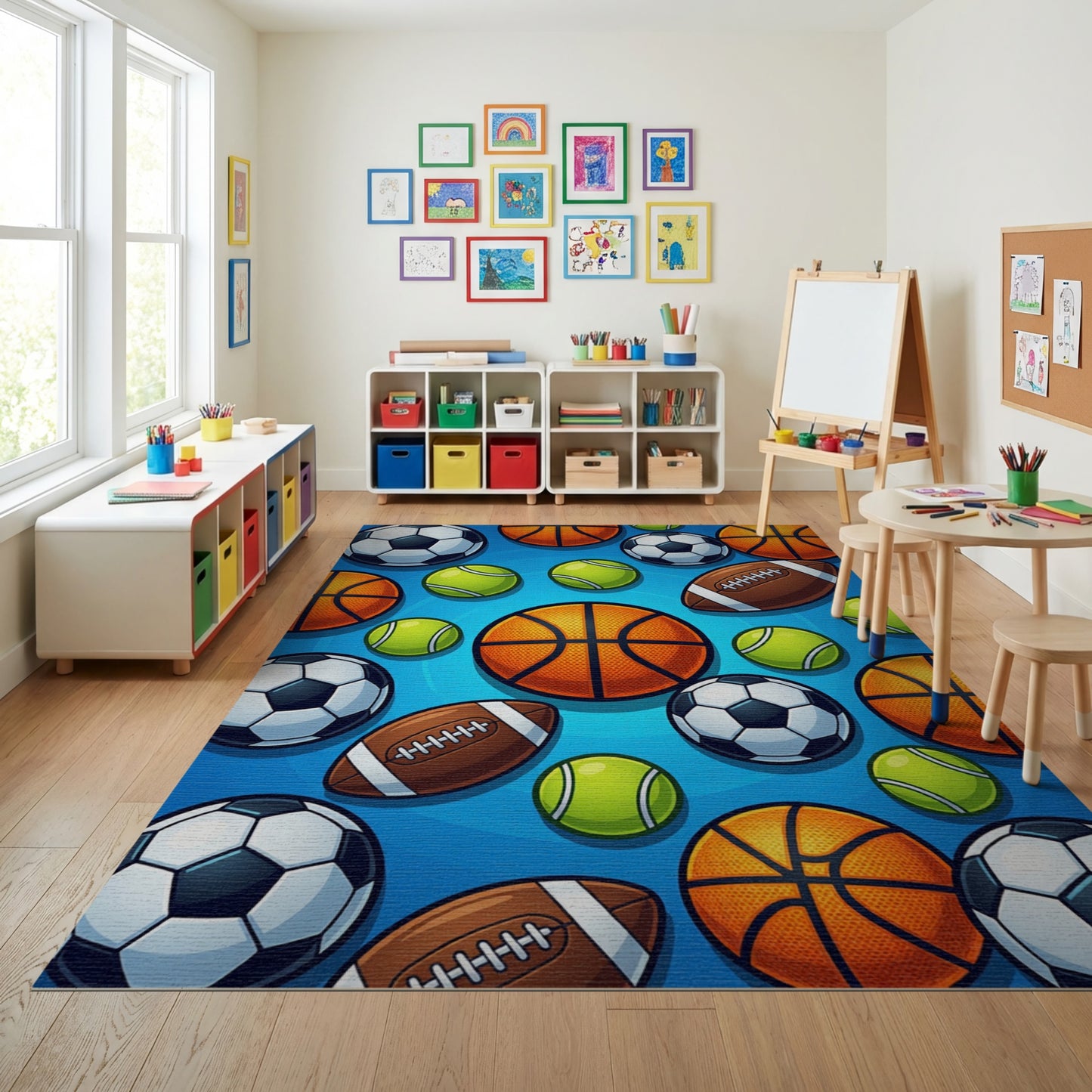 Vibrant Soccer Basketball Tennis Football Rug