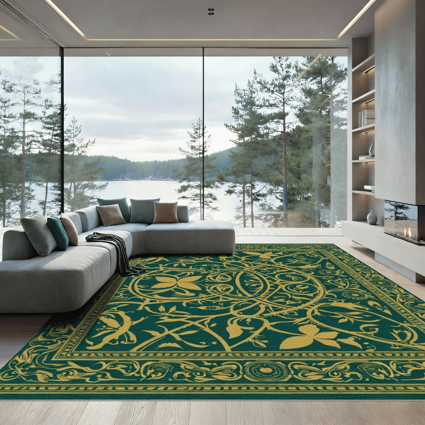 Emerald Golden Vine Scroll Ornament Rug