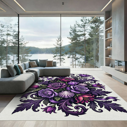 Vibrant Purple Floral Scrollwork Arrangement Rug
