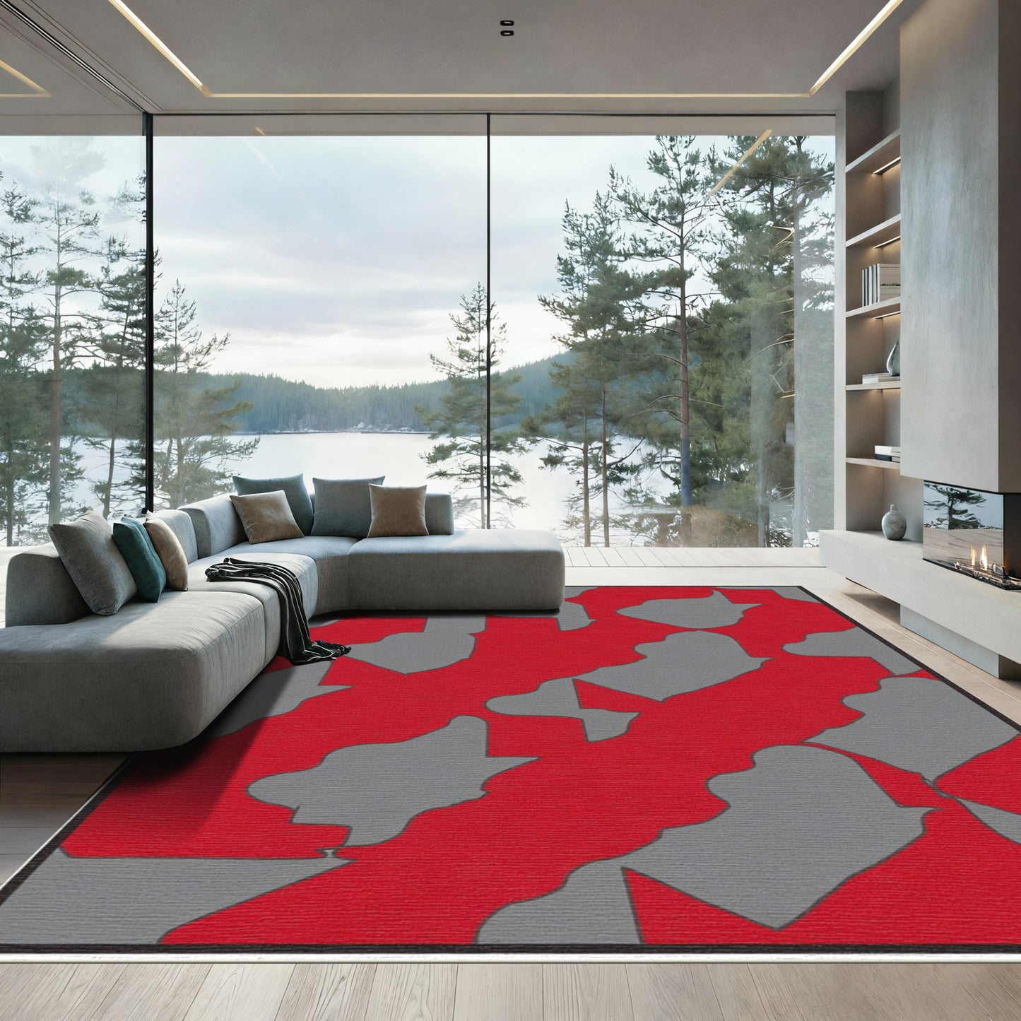 Bold Red Gray Abstract Flow Rug