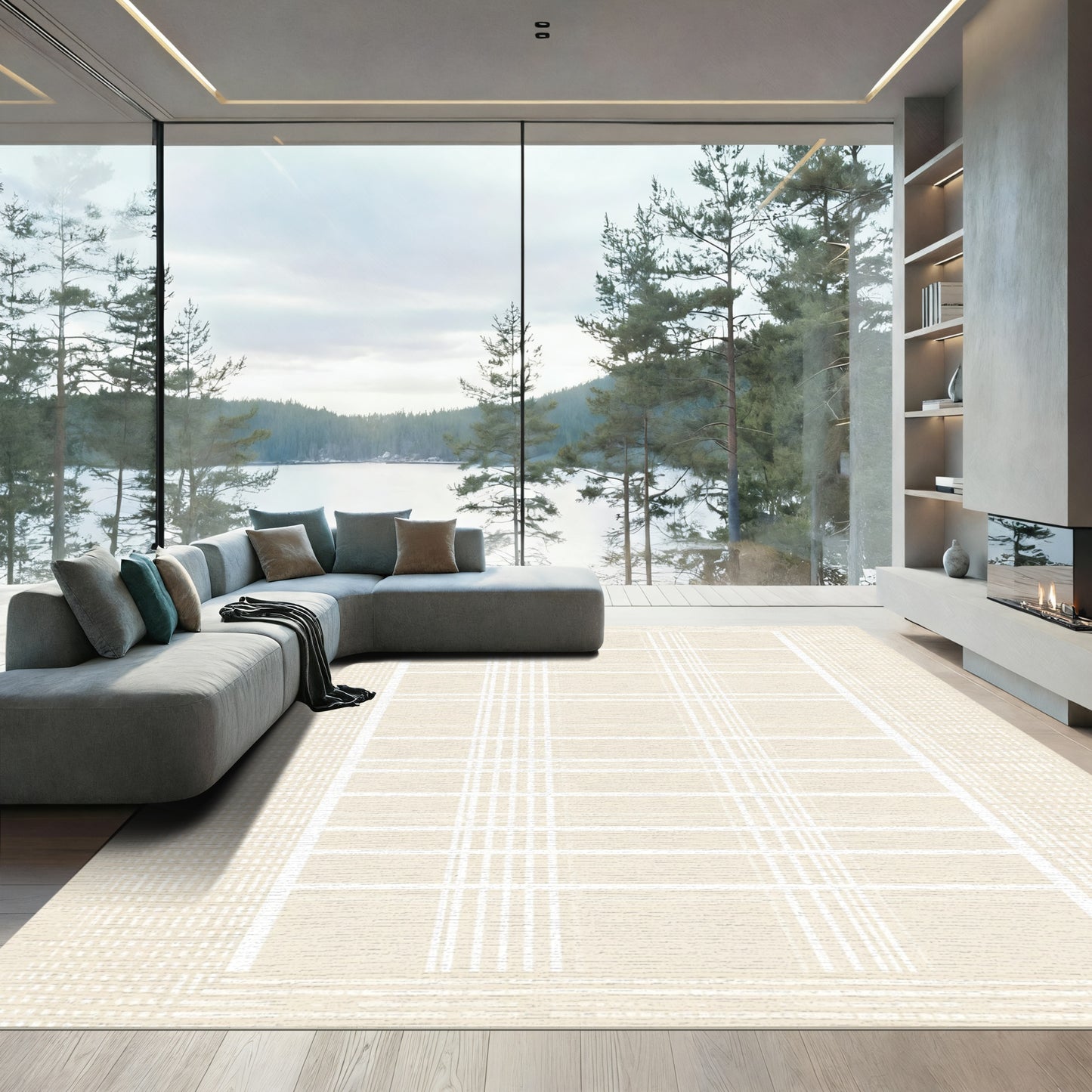 Cream and White Plaid Grid Rug