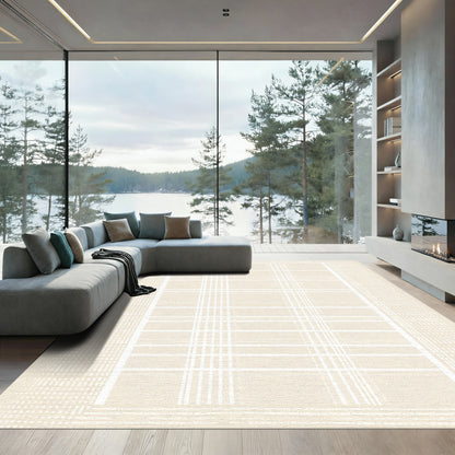Cream and White Plaid Grid Rug