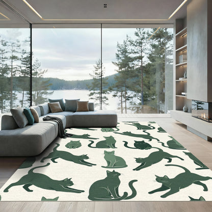 Minimalist Forest Green Stretching Cat Illustration Rug