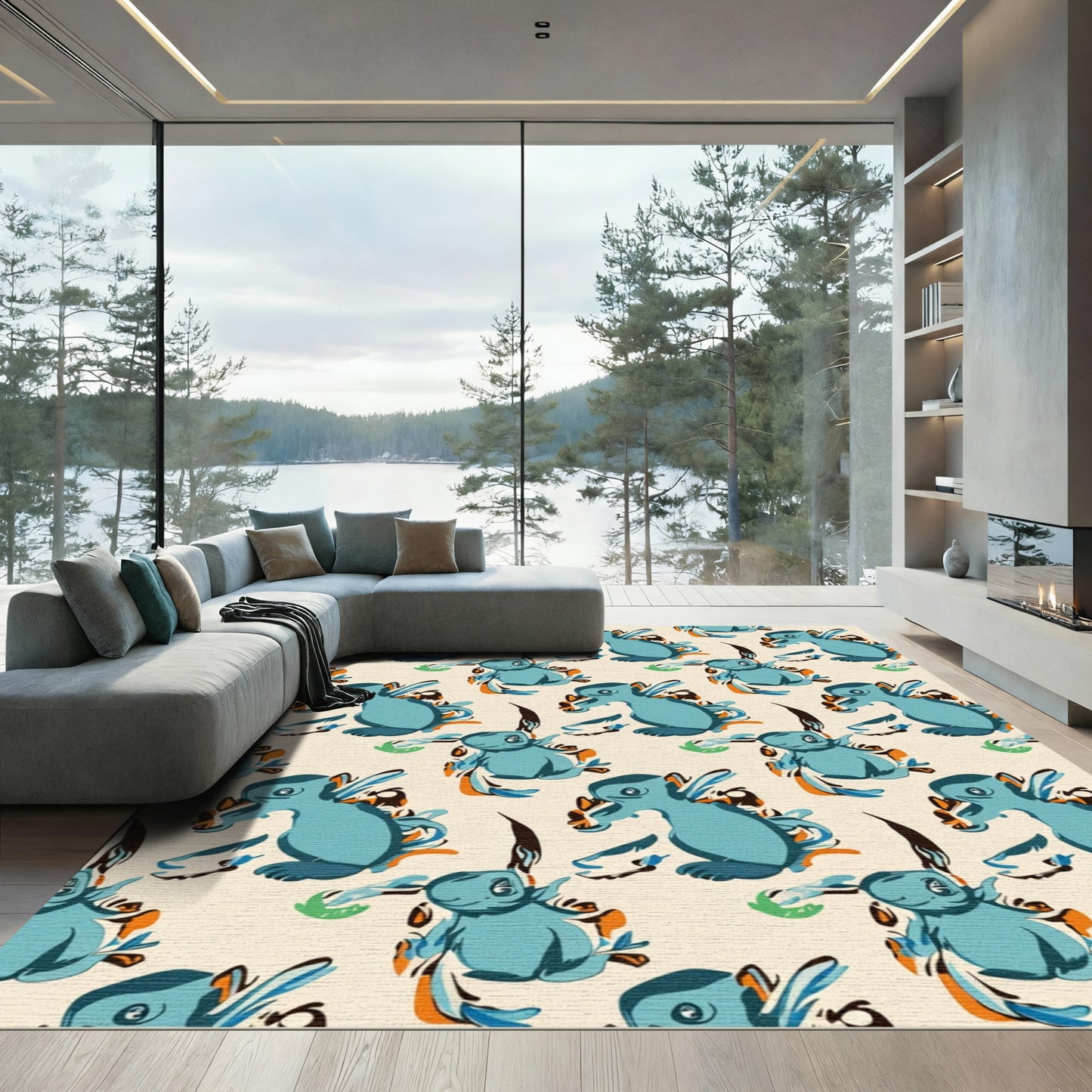 Blue creature whimsical foliage pattern Rug