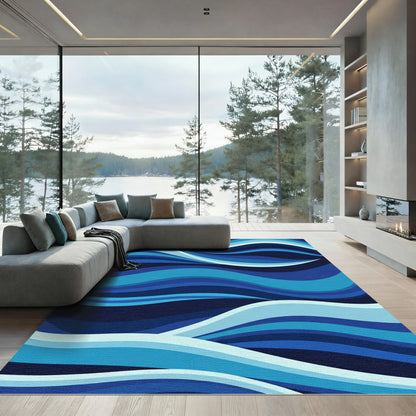 Deep Blue Ocean Wave Stripes Rug