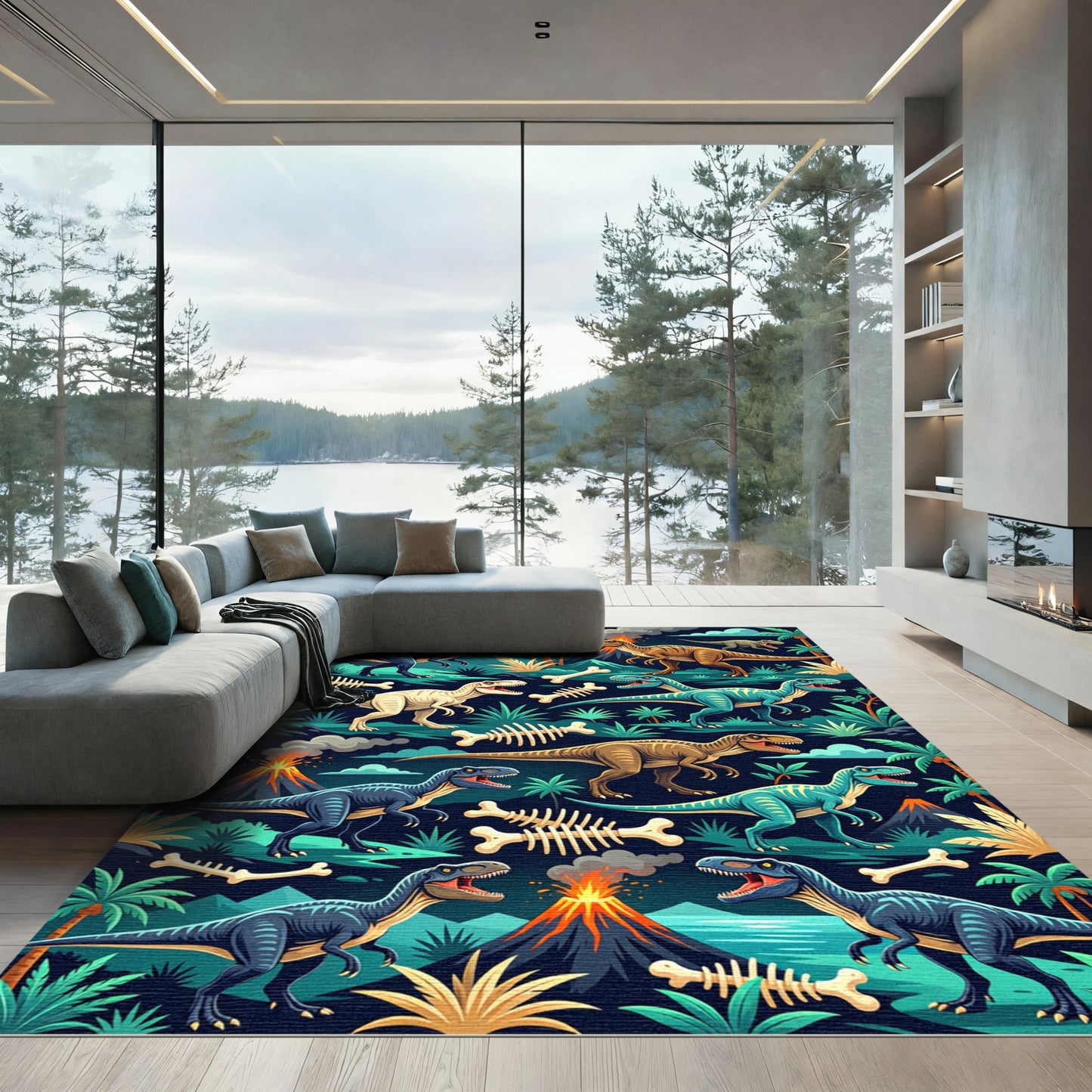 Volcanic Prehistoric Dinosaur Forest Scene Rug