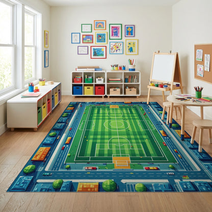 Vibrant Aerial Soccer Field City Rug