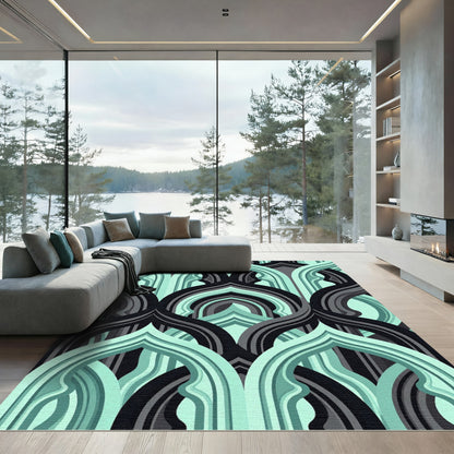 Mint Teal and Charcoal Interlocking Arch Rug