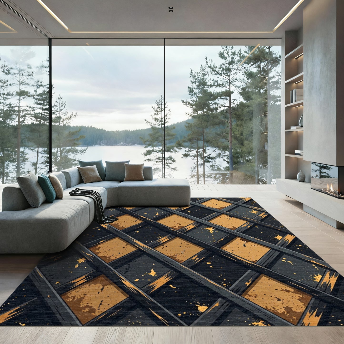 Golden Lattice Dark Slate Geometric Rug
